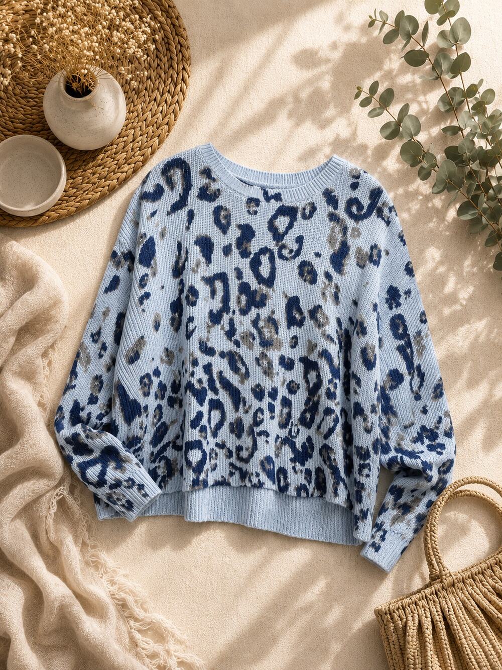 525 America Women's Leopard Print Cotton Sweater Gray Blue Quiet Luxury Size L